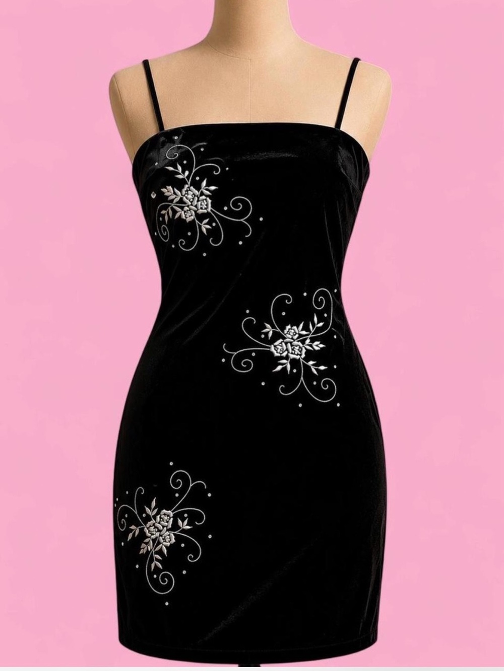 Vintage 90s Betsy & Adam Black Velvet Embroidered Whimsigoth Dress | Size 8